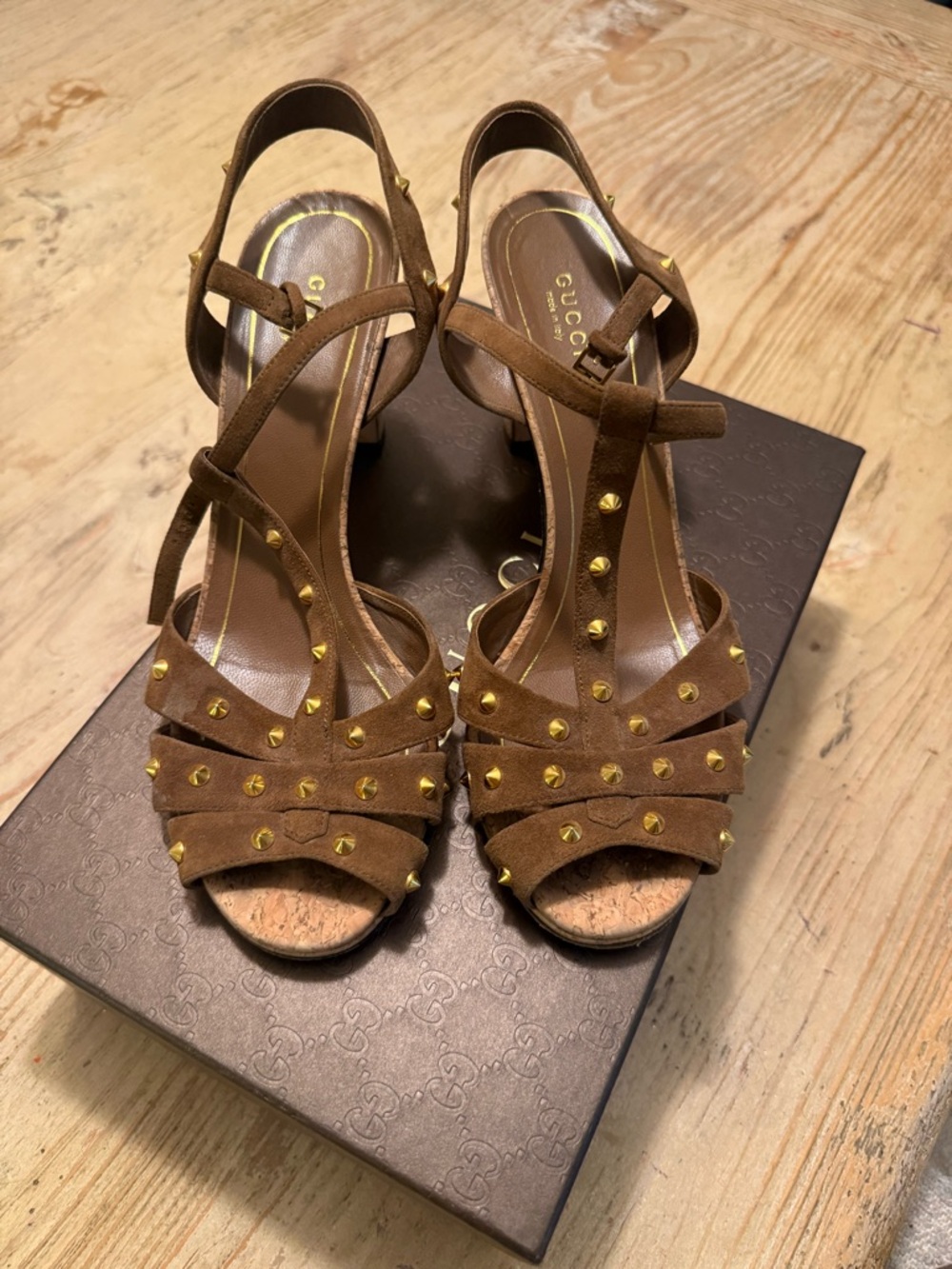 Gucci Brown Suede Studded T-Strap Sandals